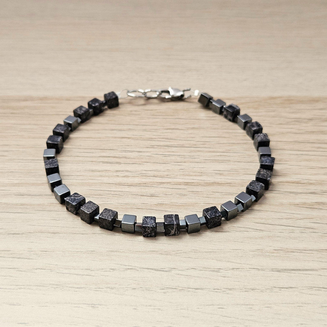MEN BRACELET JASPER & HEMATITE CUBE BLACK