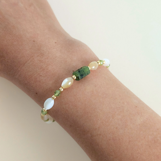 LOCK BRACELET WITH JADE, OLIVINE & MOTHER OF PEARL