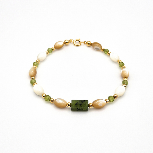 LOCK BRACELET WITH JADE, OLIVINE & MOTHER OF PEARL