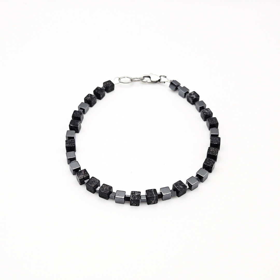 MEN BRACELET JASPER & HEMATITE CUBE BLACK