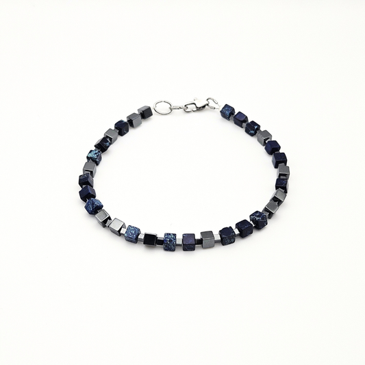MEN BRACELET JASPER & HEMATITE CUBE DARK BLUE