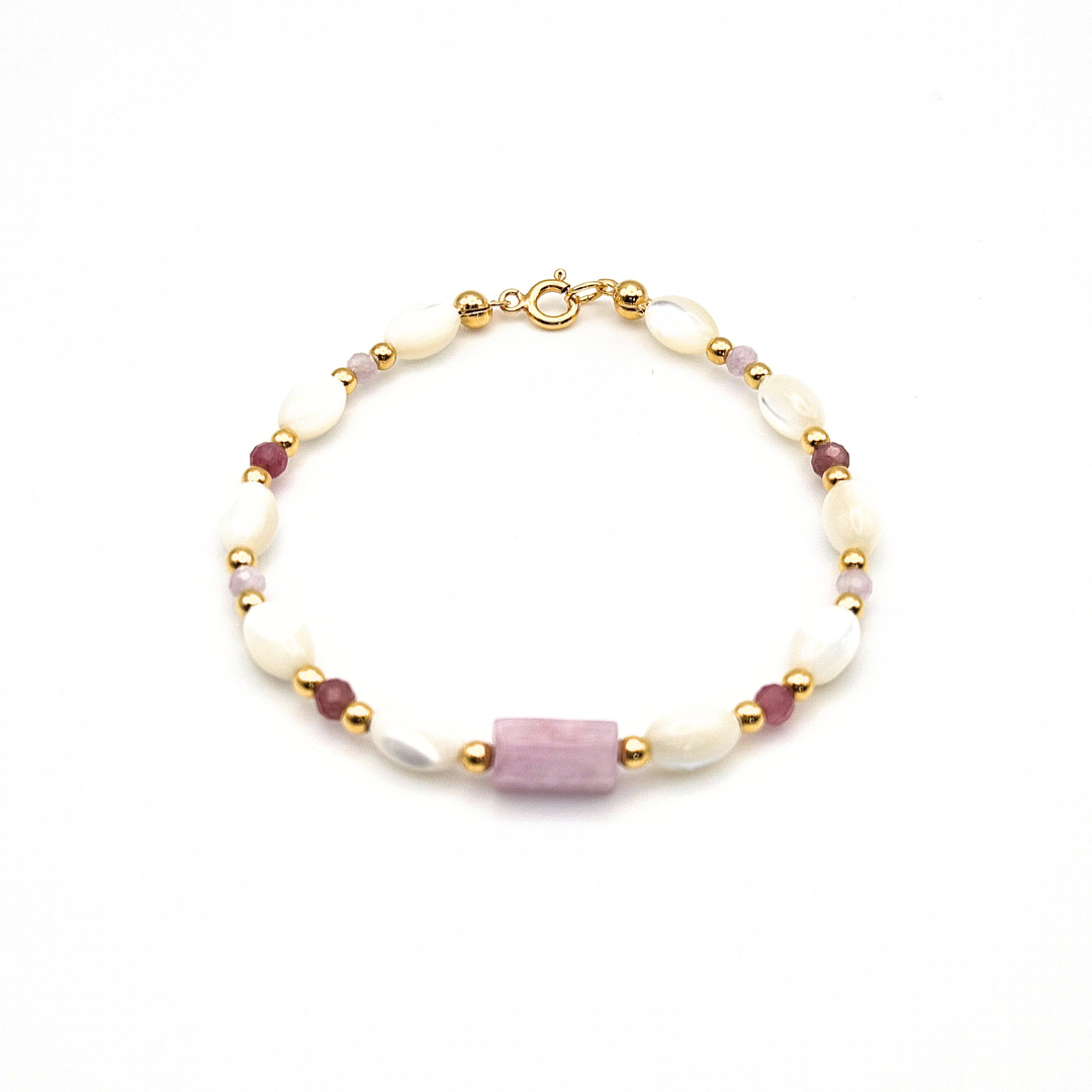PULSEIRA COM KUNZITA, RUBI E MADREPÉROLA