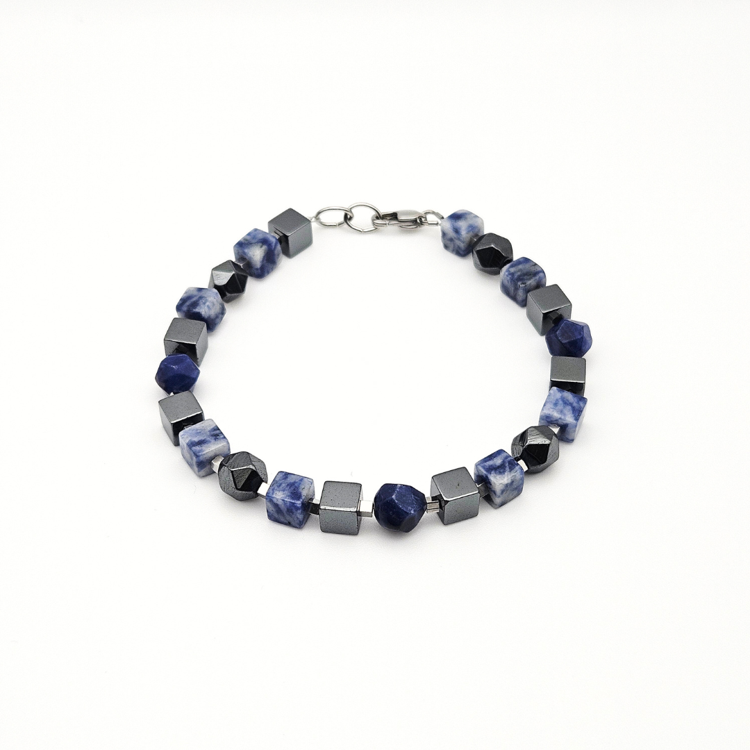 MEN BRACELET SODALITE & HEMATITE CUBE