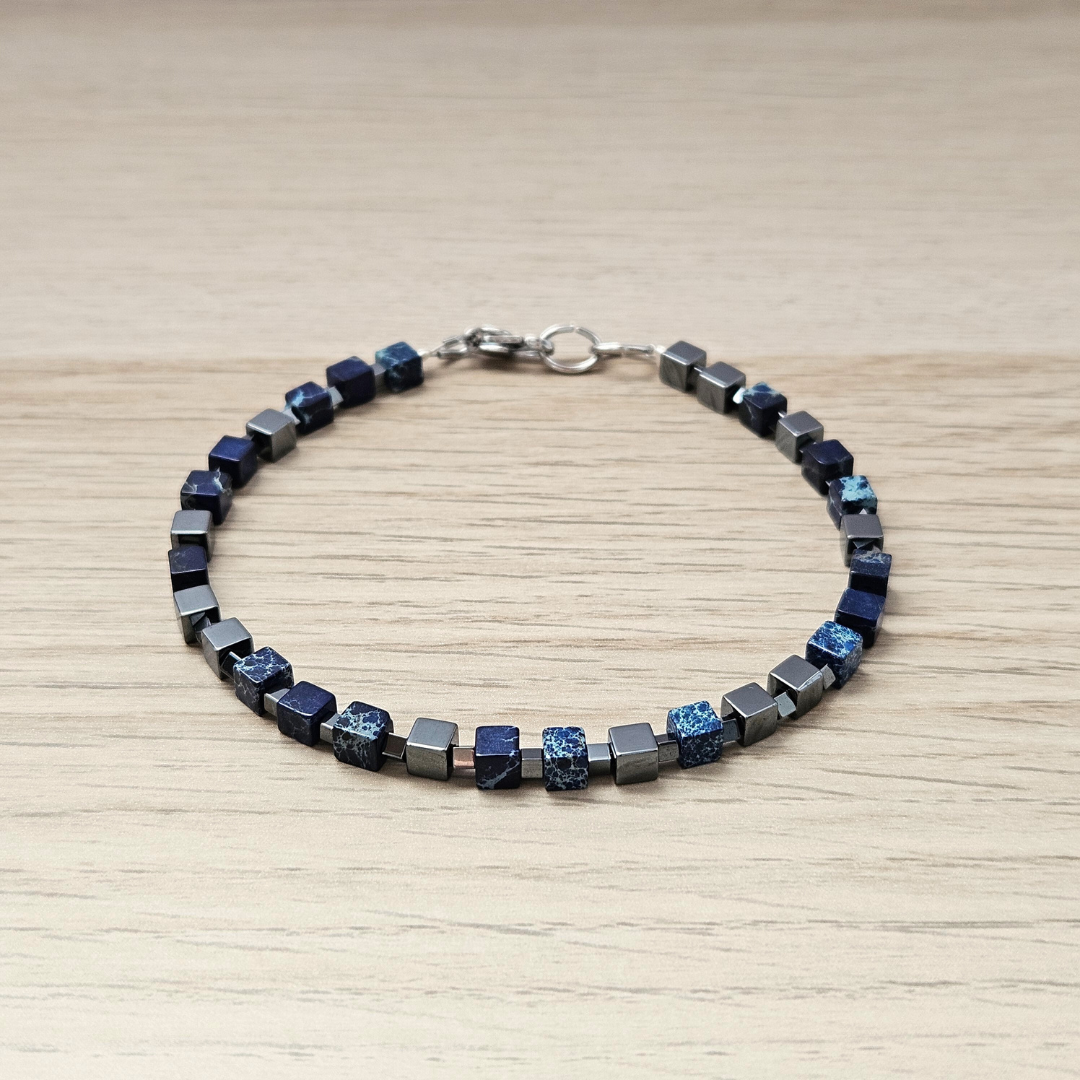MEN BRACELET JASPER & HEMATITE CUBE DARK BLUE