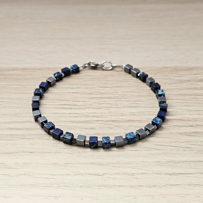MEN BRACELET JASPER & HEMATITE CUBE DARK BLUE