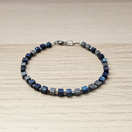 MEN BRACELET JASPER & HEMATITE CUBE DARK BLUE