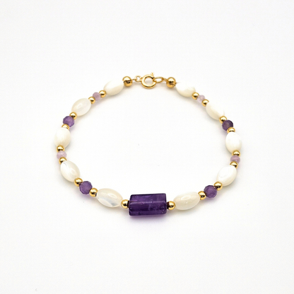 PULSEIRA COM AMETISTA, KUNZITE E MADREPÉROLA