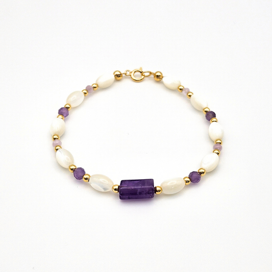 PULSEIRA COM AMETISTA, KUNZITE E MADREPÉROLA