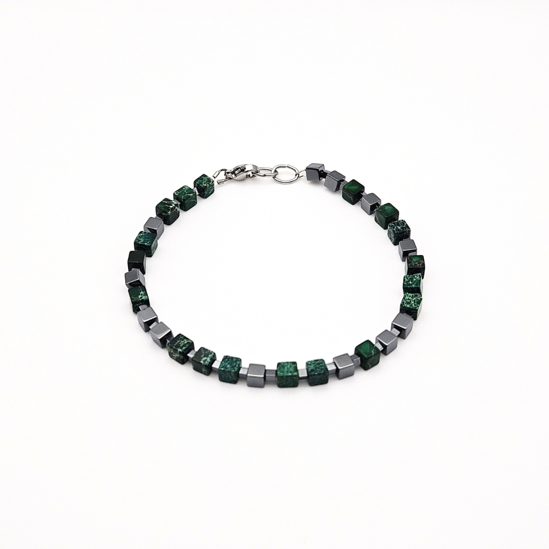 MEN BRACELET JASPER & HEMATITE CUBE DARK GREEN