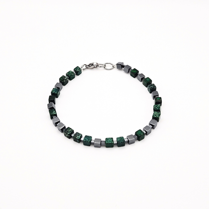 MEN BRACELET JASPER & HEMATITE CUBE DARK GREEN