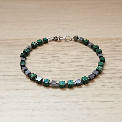 MEN BRACELET JASPER & HEMATITE CUBE DARK GREEN