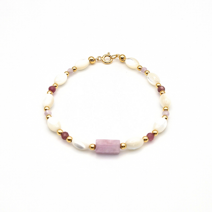 PULSEIRA COM KUNZITA, RUBI E MADREPÉROLA