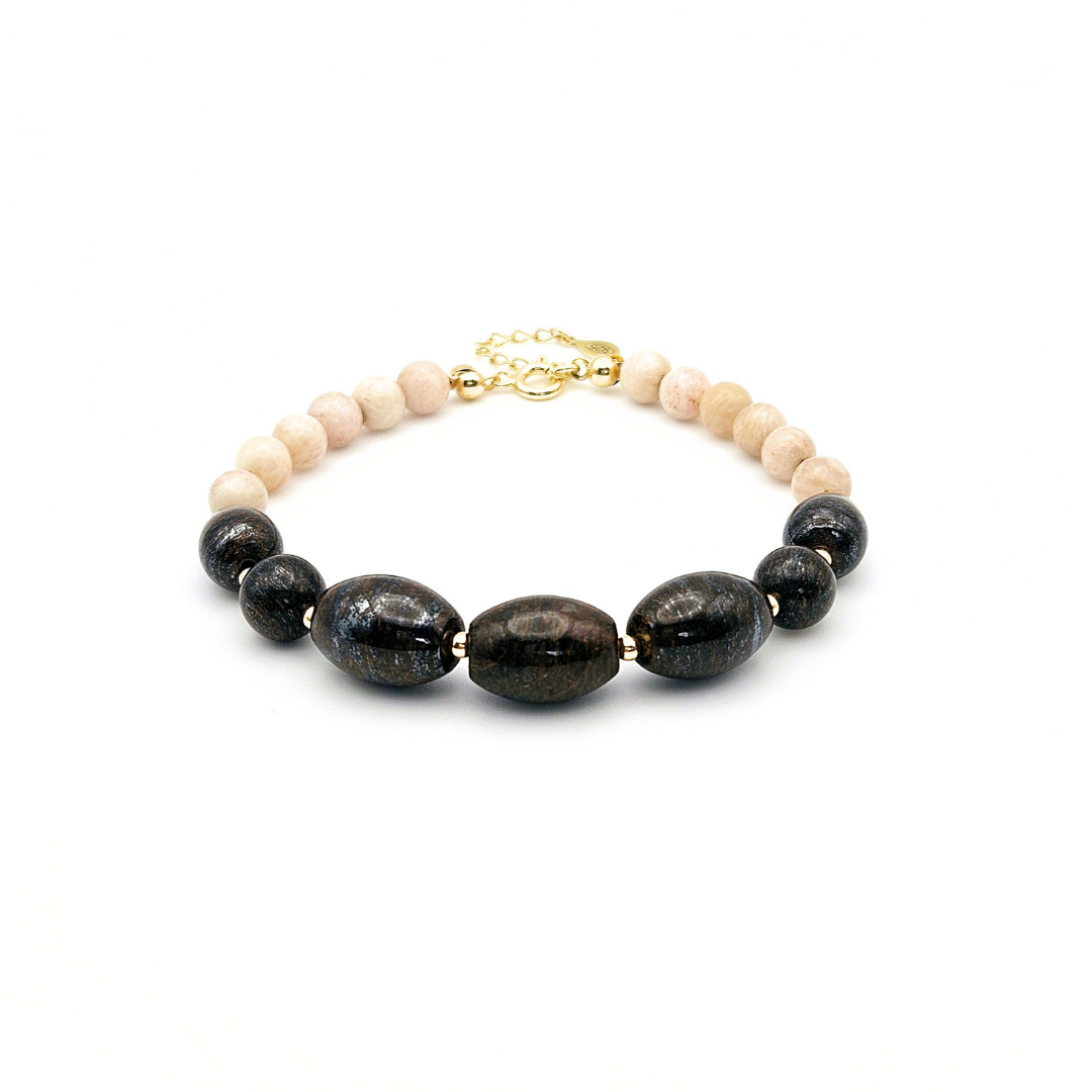 Pulseira de Prata banhada a ouro 18k com Bronzite e Pedra do sol