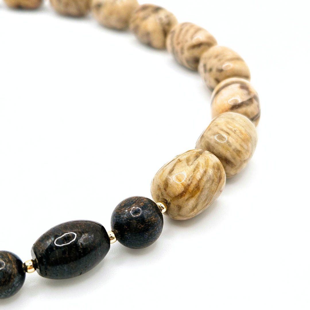 Colar de Prata banhada a ouro 18k com Bronzite e Jaspe